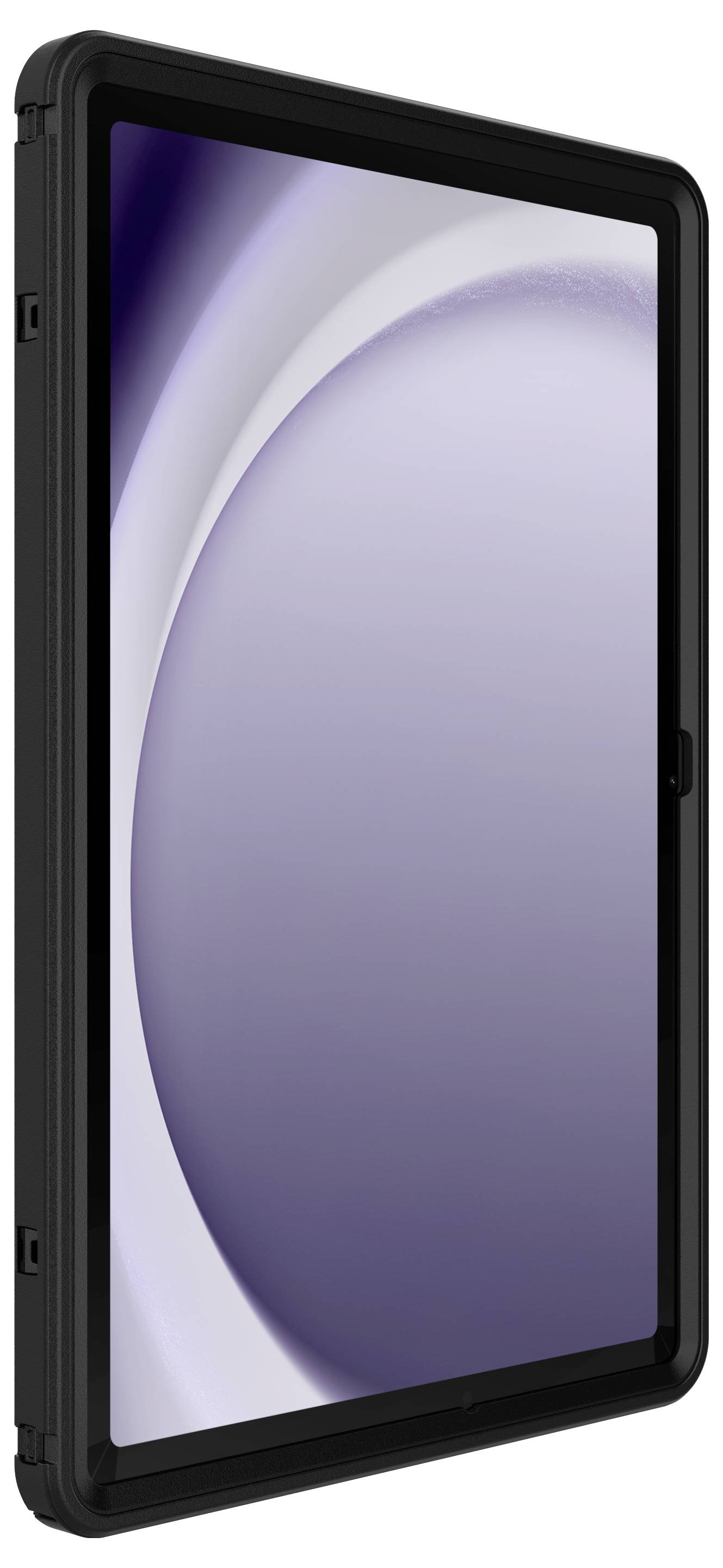 Tablette avec un cadre noir affichant un motif abstrait mauve et blanc.