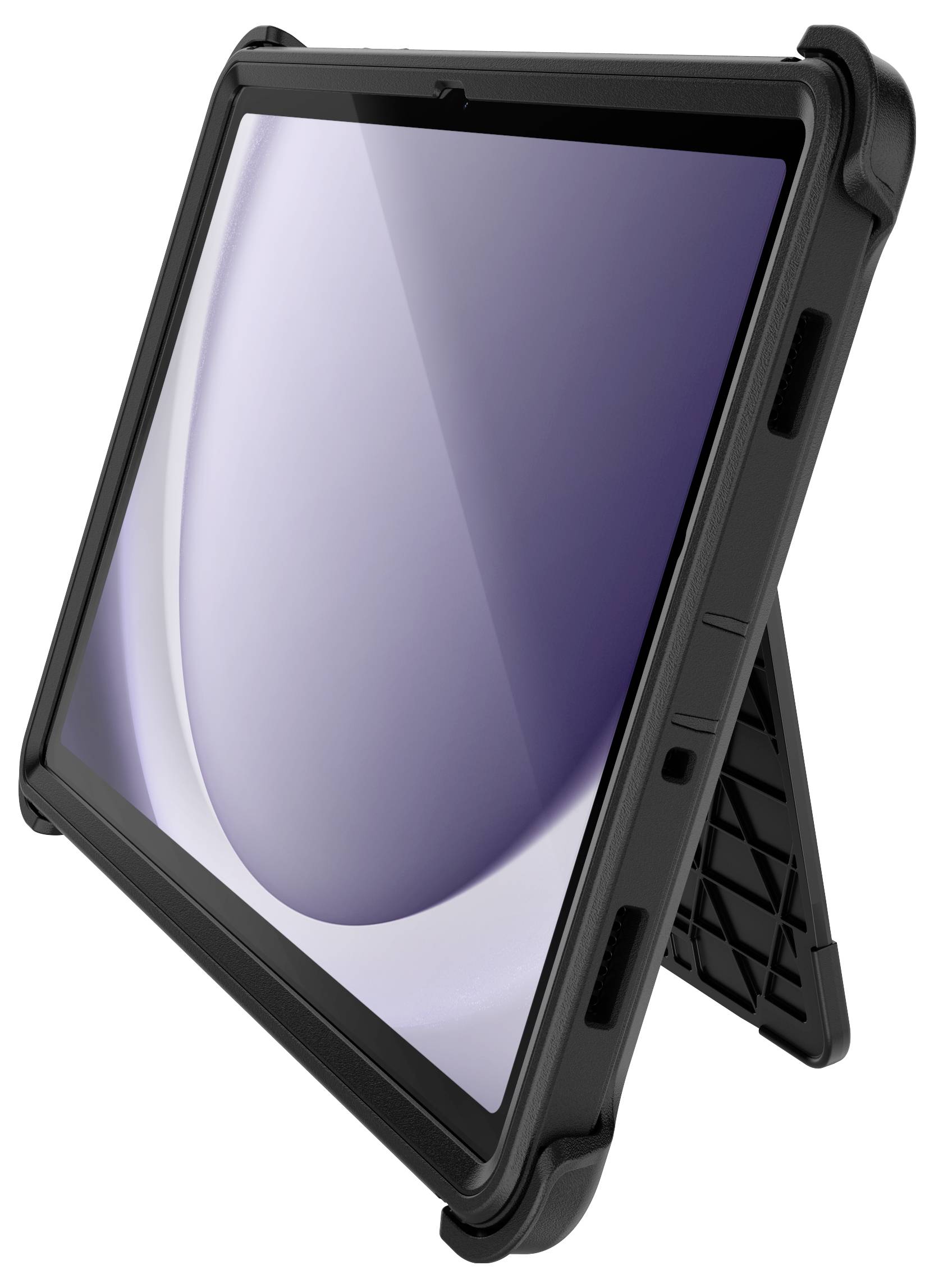Tablette noire robuste dans un étui de protection, posée sur son support. L'écran affiche un design abstrait en violet et blanc.