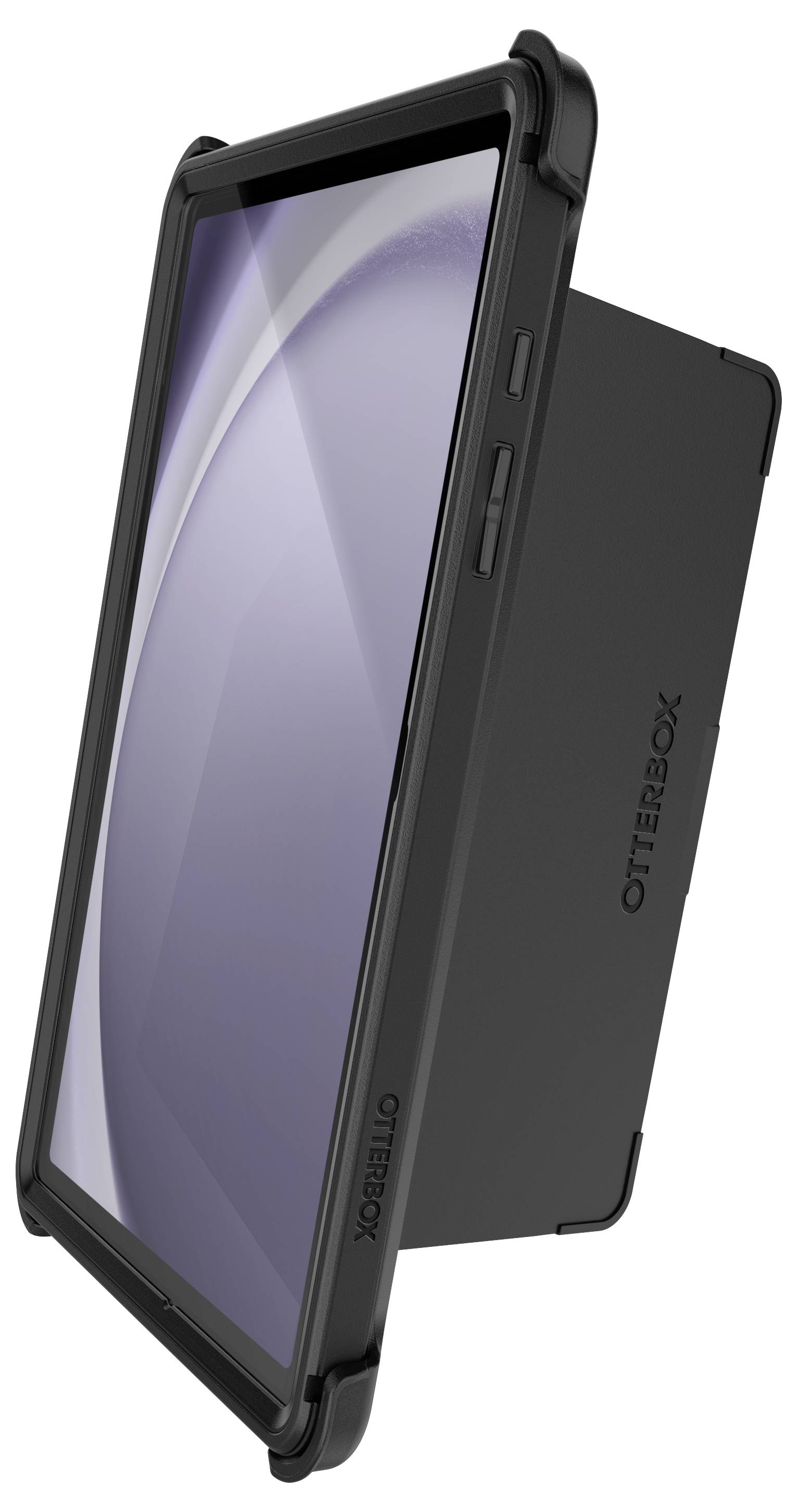 Un étui de tablette noir OtterBox avec support intégré pour stabilité et protection, présenté de côté.
