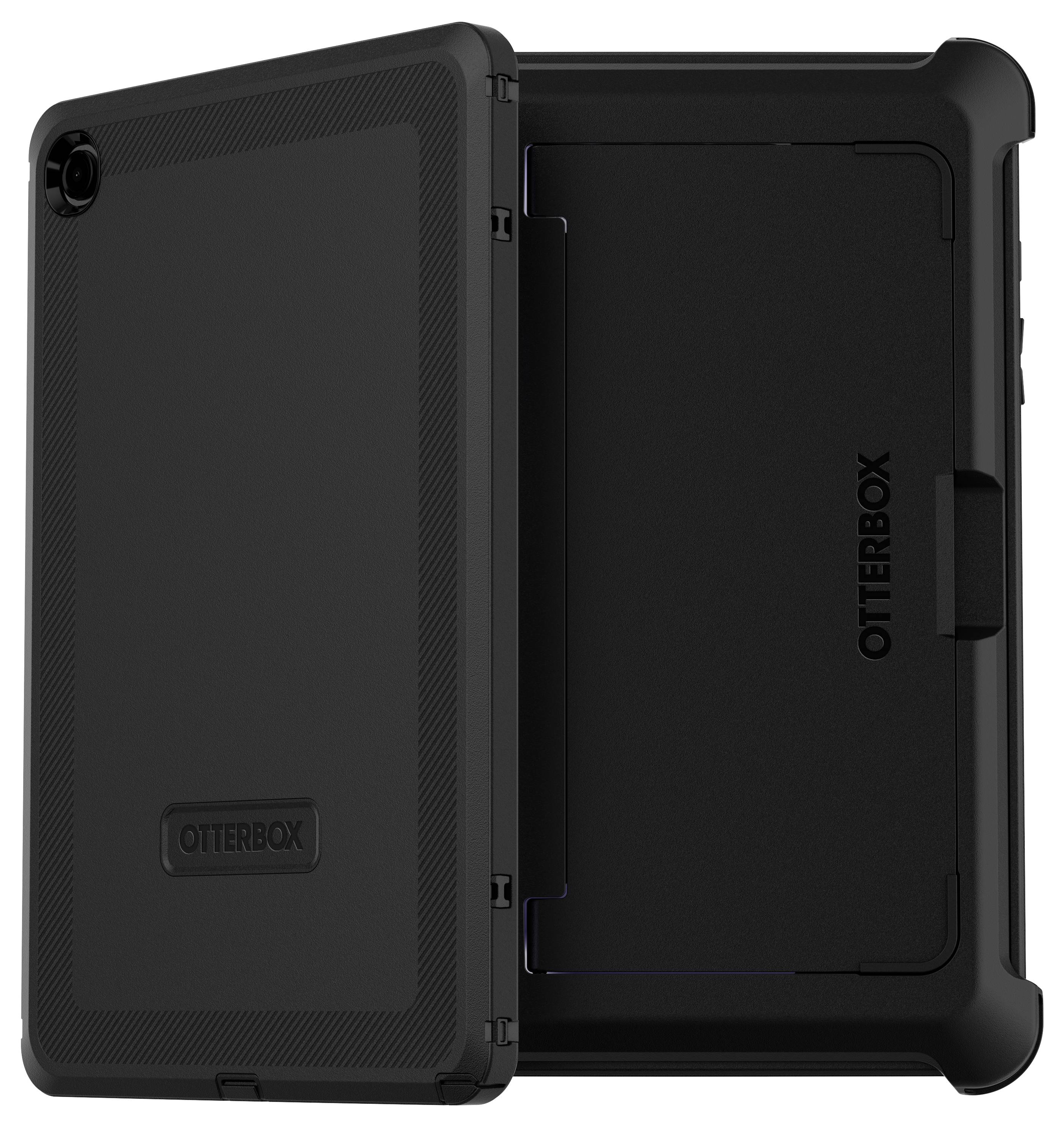 Une coque de protection noire d'Otterbox pour tablette, robuste et élégante, offre une protection complète pour l'arrière et les bords de l'appareil.