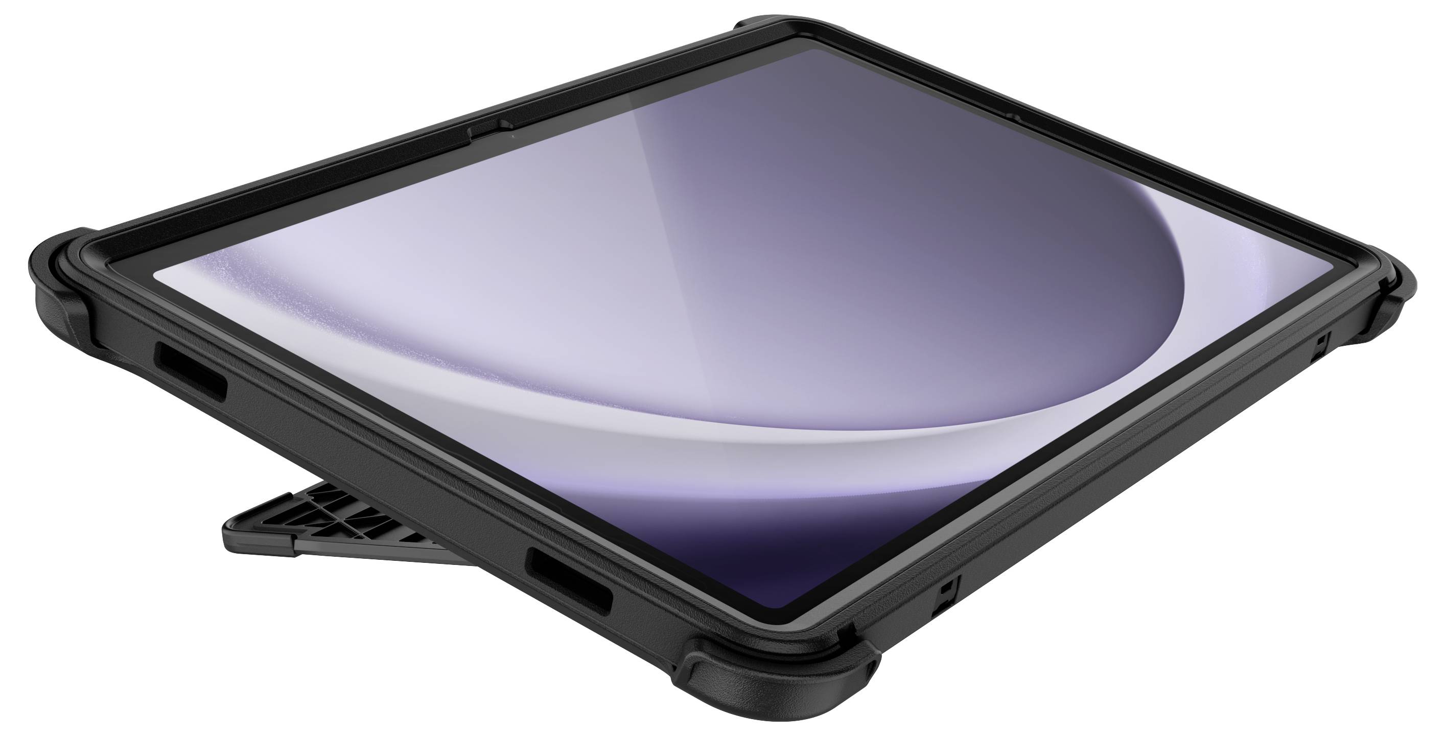 Tablette robuste dans un boîtier de protection noir avec support intégré, posée sur une surface plane. L'écran est éteint.