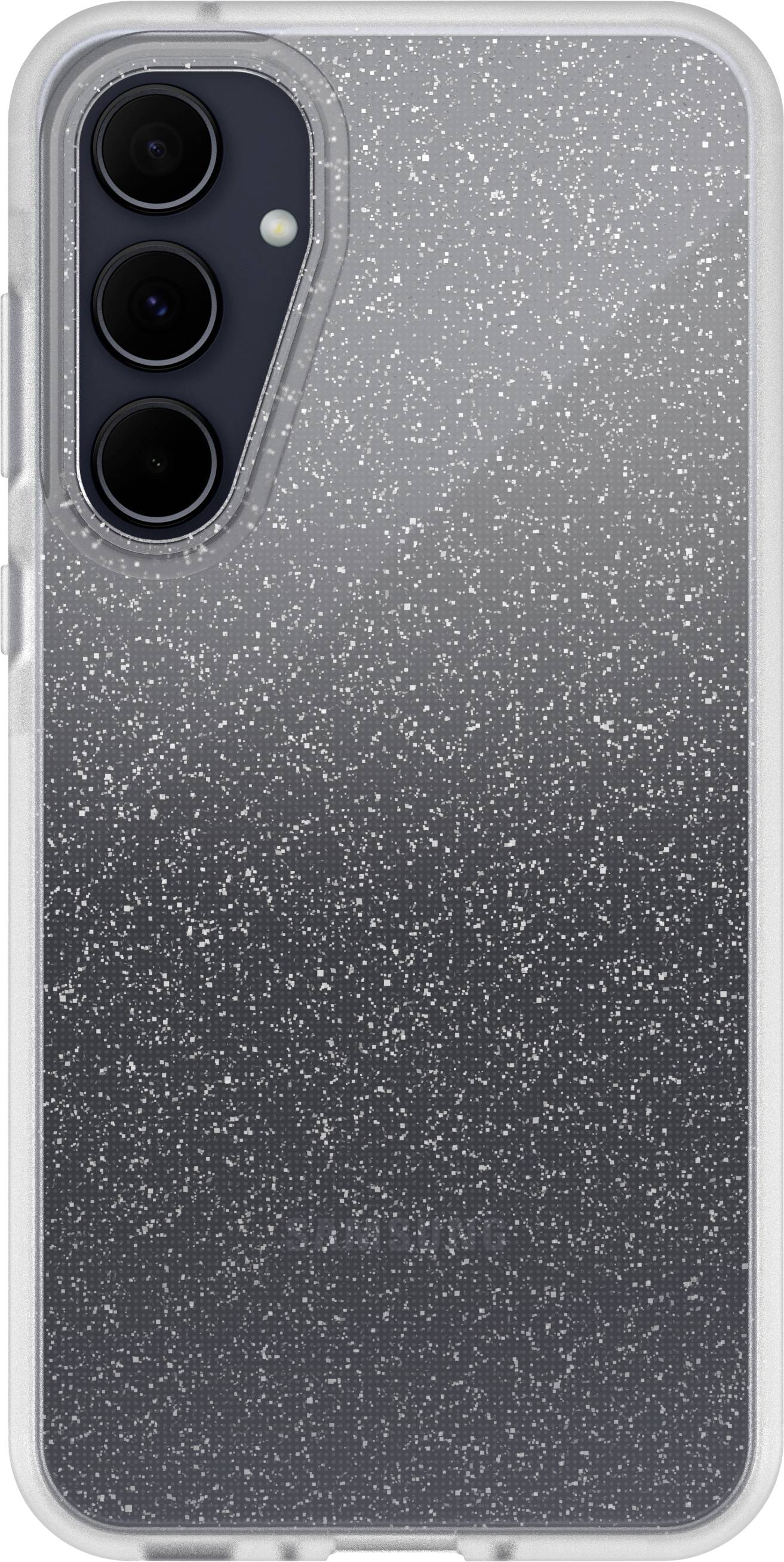 Coque de téléphone transparente avec design scintillant, couvrant l'arrière du smartphone et offrant une protection.