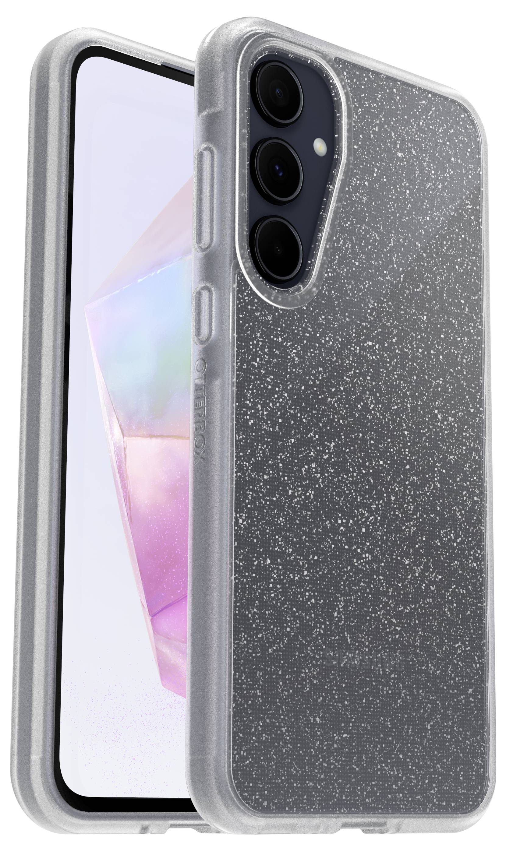 Un smartphone doté d'un étui de protection transparent et scintillant affiche un design géométrique irisé sur son écran.