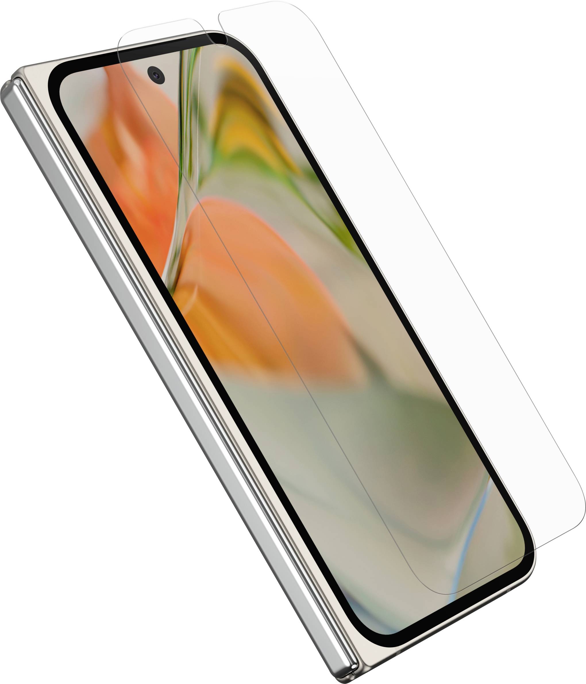 Smartphone avec un grand écran, sur lequel un film de protection transparent est appliqué. Image de fond colorée sur l'écran.