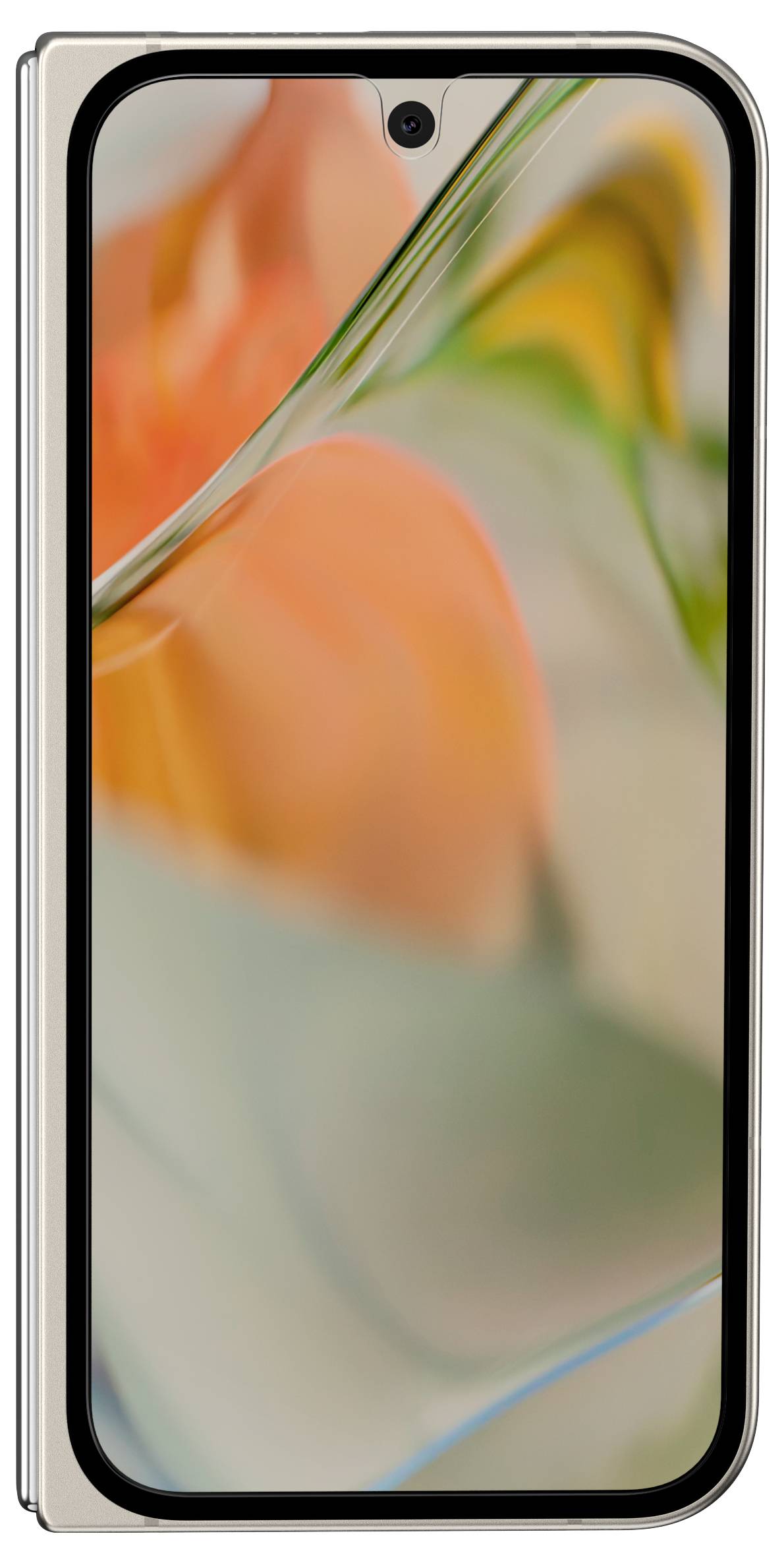 Un smartphone avec un grand écran affiche un fond d'écran coloré et flou.