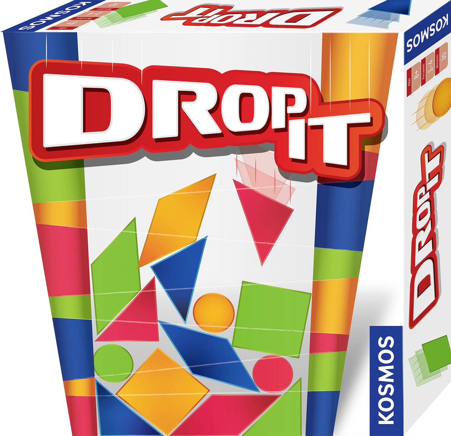 Emballage de jouet 'Drop It', formes géométriques colorées (triangles, cercles, carrés) sur fond blanc, logo en haut.