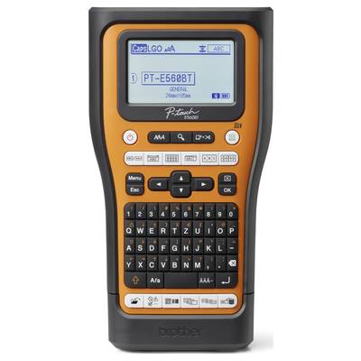 Imprimante d'étiquettes avec écran LCD rétroéclairé, clavier QWERTZ et touches de navigation. Affiche le numéro de modèle PT-E560BT.