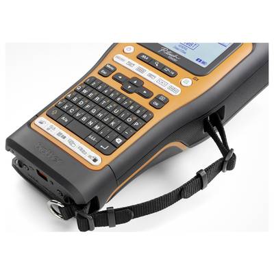 Appareil de marquage portable avec écran et clavier complet pour la création d'étiquettes. De couleur orange et noir.