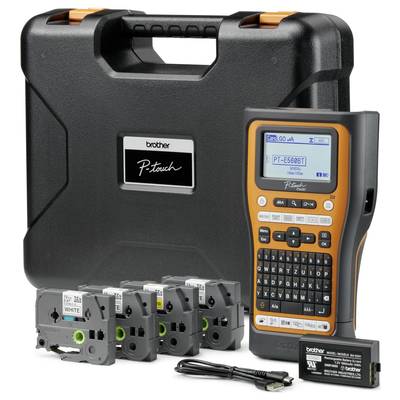 Étiqueteuse Brother P-touch E550W avec sacoche de transport, cinq cassettes de ruban et câble USB, idéale pour les professionnels.