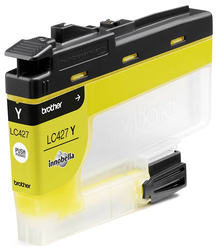 Cartouche d'encre jaune étiquetée « brother », « LC427 Y », avec un corps transparent montrant le niveau d'encre, conçue pour des imprimantes spécifiques.