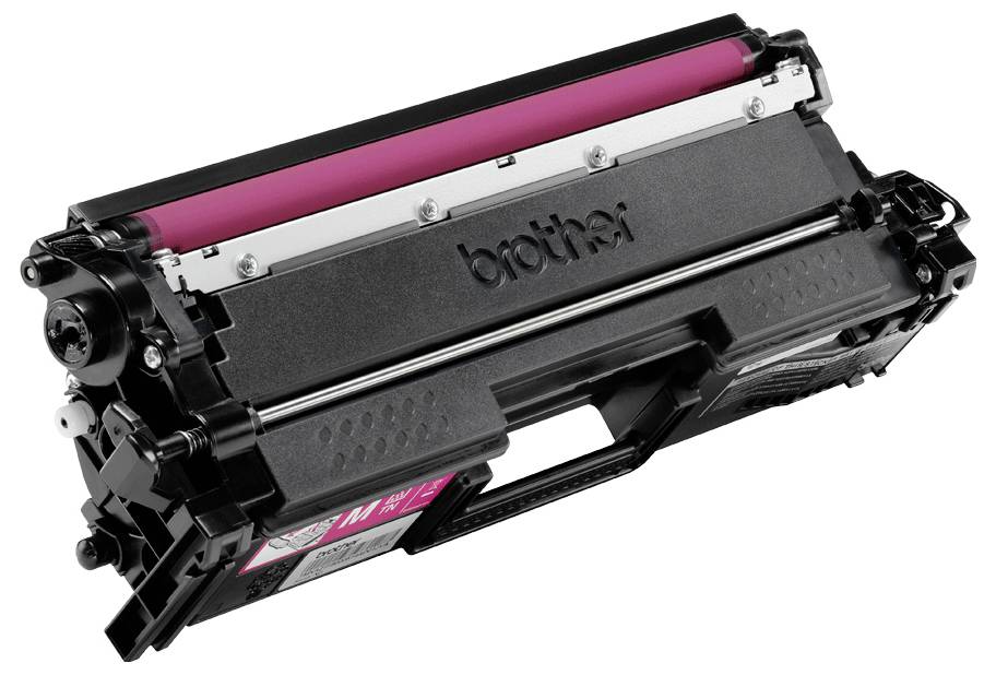 Une cartouche de toner d'imprimante étiquetée 'Brother' avec un composant rose, conçue pour être utilisée dans les imprimantes laser.