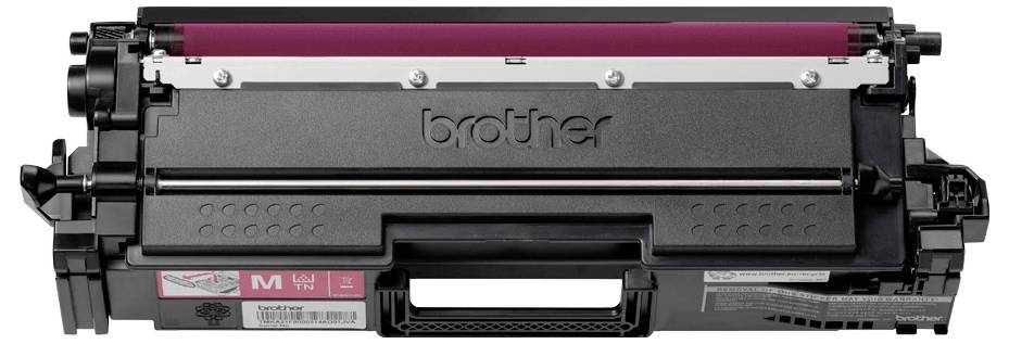 Cartouche de toner pour imprimante Brother, étiquetée 'M' pour magenta, avec un corps noir et une section supérieure de couleur magenta. Conçue pour les imprimantes laser couleur.