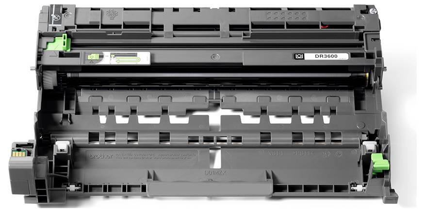 Unité de tambour pour toner d'imprimante comprenant divers connecteurs et pièces vertes, étiquetée 'DR3500'.