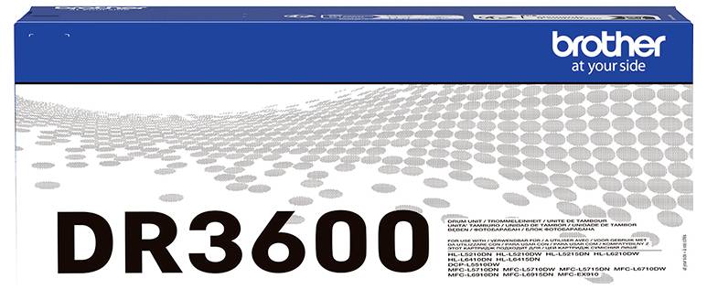 Unité de tambour Brother DR3600 avec un emballage au design bleu et blanc présentant un motif de points.