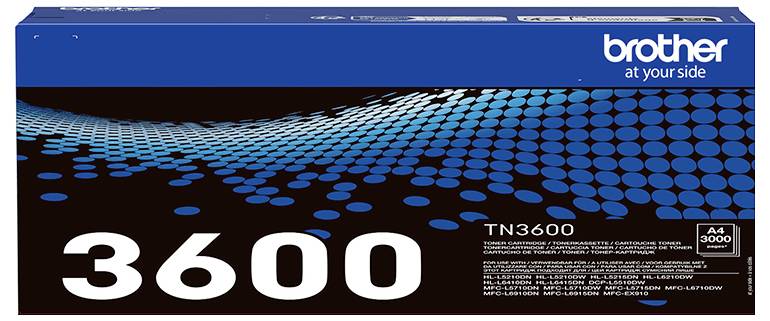 Boîte de cartouche de toner Brother TN3600 avec un design bleu et noir, présentant le numéro de produit '3600' de manière bien visible.