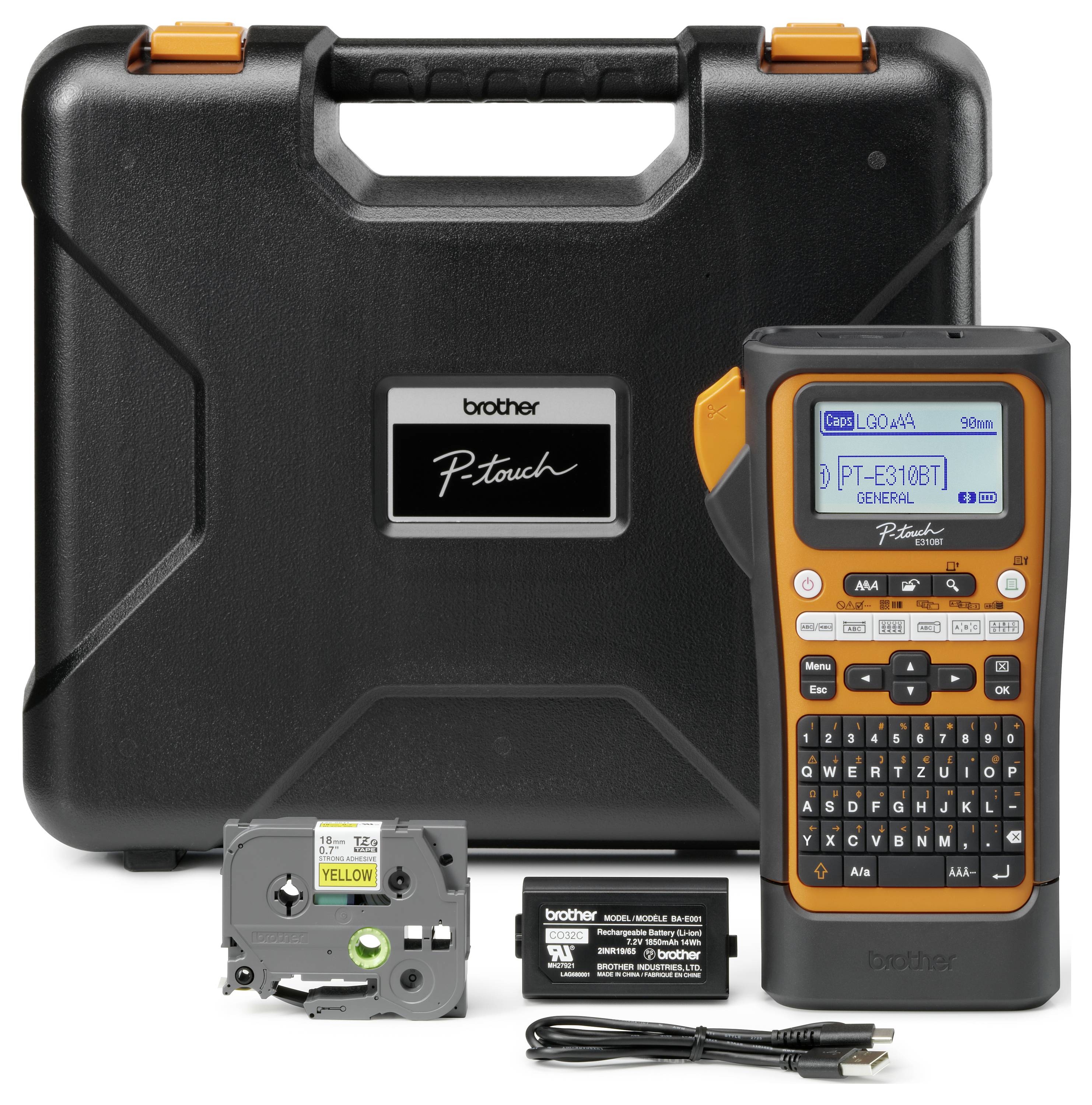 Appareil d'étiquetage avec mallette, cassette d'étiquettes, adaptateur et câble USB. L'appareil affiche 'GENERAL' sur l'écran LCD.