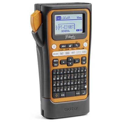 Un appareil d'étiquetage portable en noir et orange, doté d'un clavier QWERTZ, d'un écran LCD et de touches de fonction. Modèle : P-touch E310BT.
