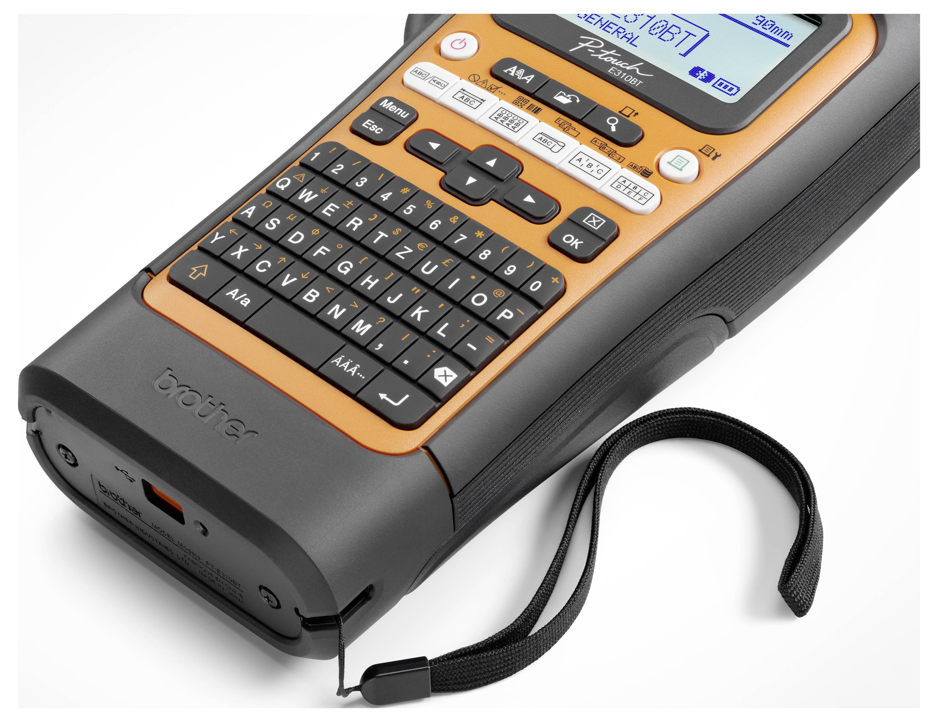 Un appareil d'étiquetage portable au design orange et noir avec un clavier QWERTZ, affichant 'LABEL?' sur son écran.