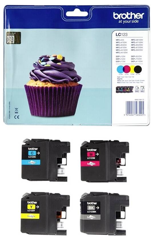 Ensemble de cartouches d'encre Brother LC123, composé de Cyan, Magenta, Jaune et Noir, avec un muffin violet illustré sur l'emballage.