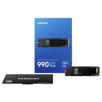 Un SSD NVMe Samsung 990 EVO Plus de 2 To est présenté devant son emballage bleu portant les spécifications techniques.