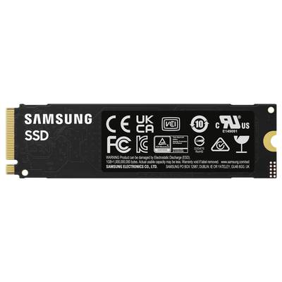 Disque SSD NVMe M.2 noir de Samsung, montrant les étiquettes de marque, les certificats de sécurité et les spécifications techniques pour l'utilisation.