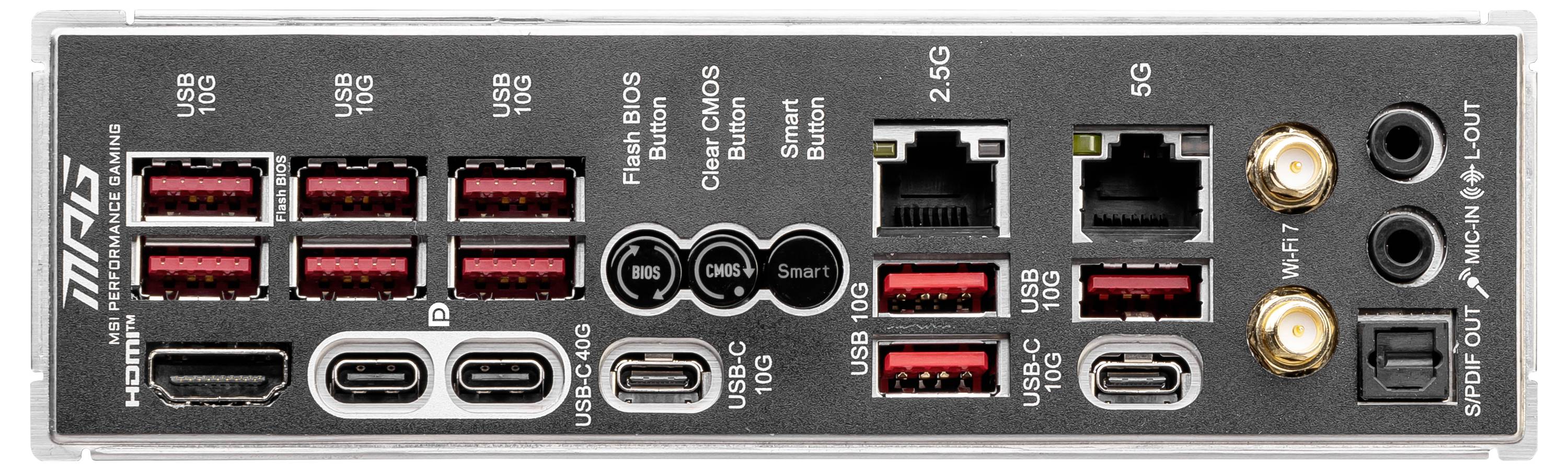 Arrière d'une carte mère d'ordinateur avec différents ports : USB, HDMI, Ethernet, Audio et bouton Flash BIOS.