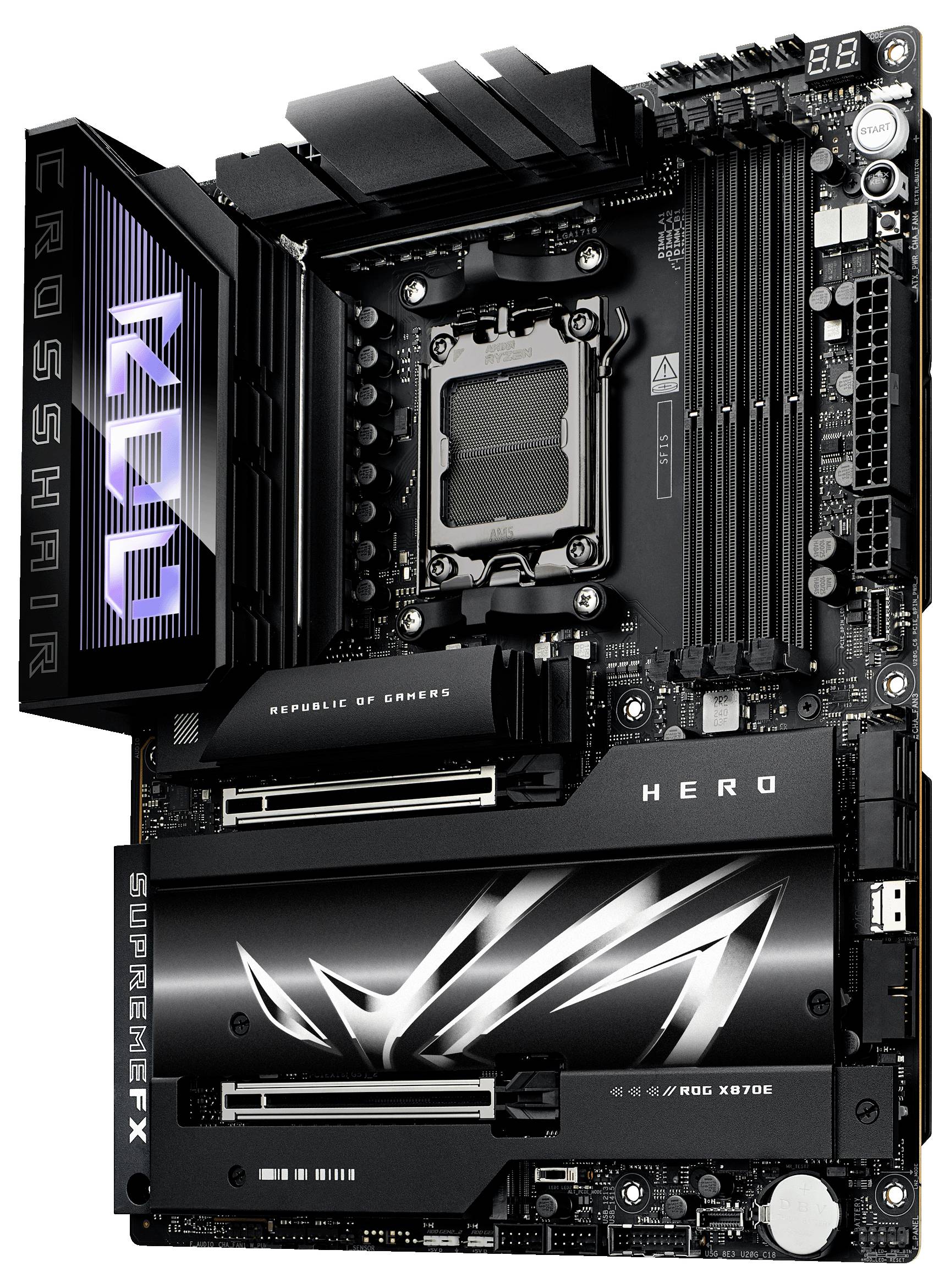 Une carte mère noire avec un logo ROG lumineux, comportant de nombreux emplacements et connecteurs, adaptée aux ordinateurs de gaming.