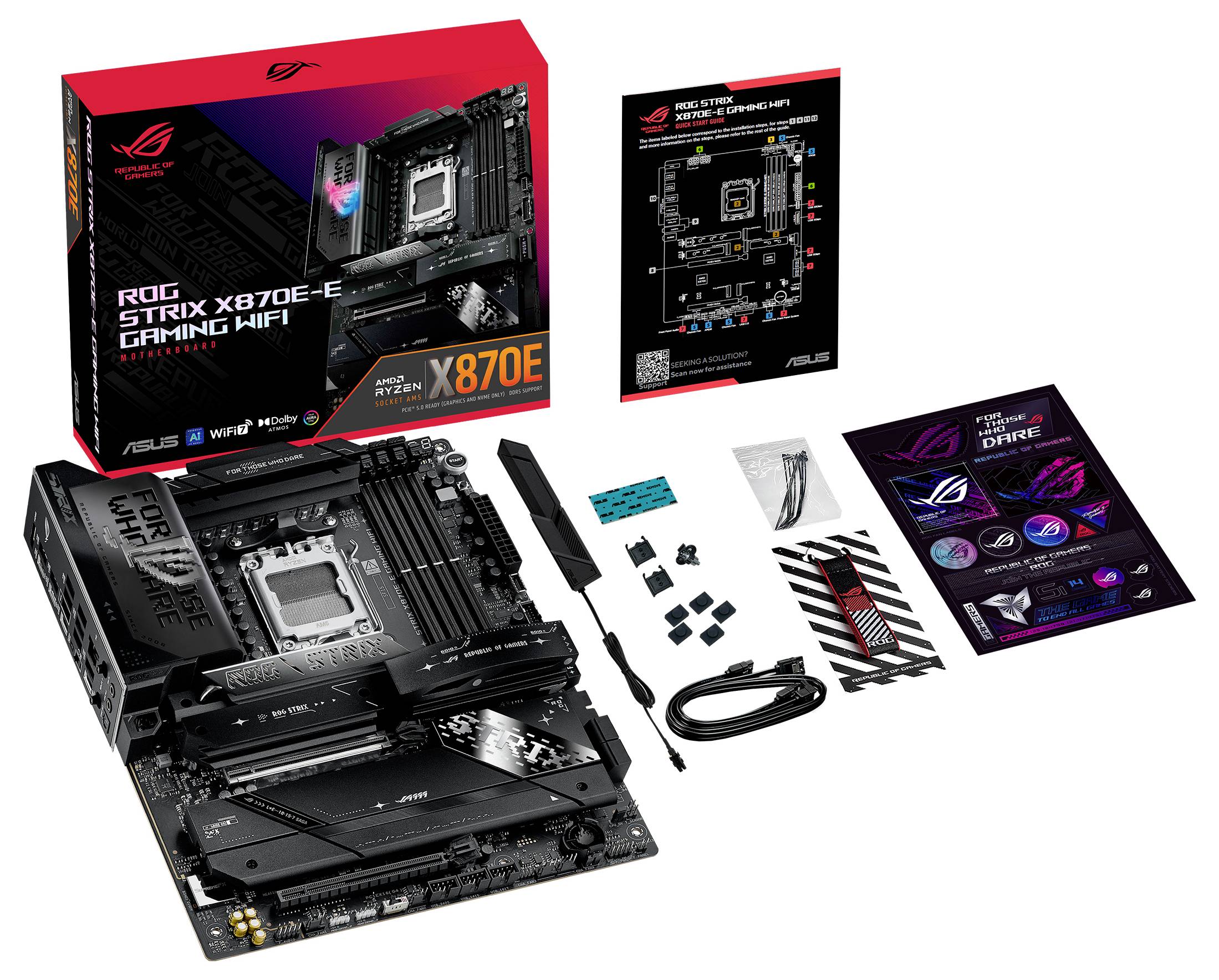 Carte mère 'ROG STRIX X670E-E' pour gaming, accessoires et emballage visibles. Comprend des câbles, des autocollants et des instructions.