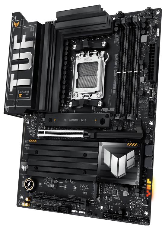 Carte mère noire au design TUF avec plusieurs ports et dissipateurs thermiques. Adaptée aux PC gaming avec un excellent support de processeur.