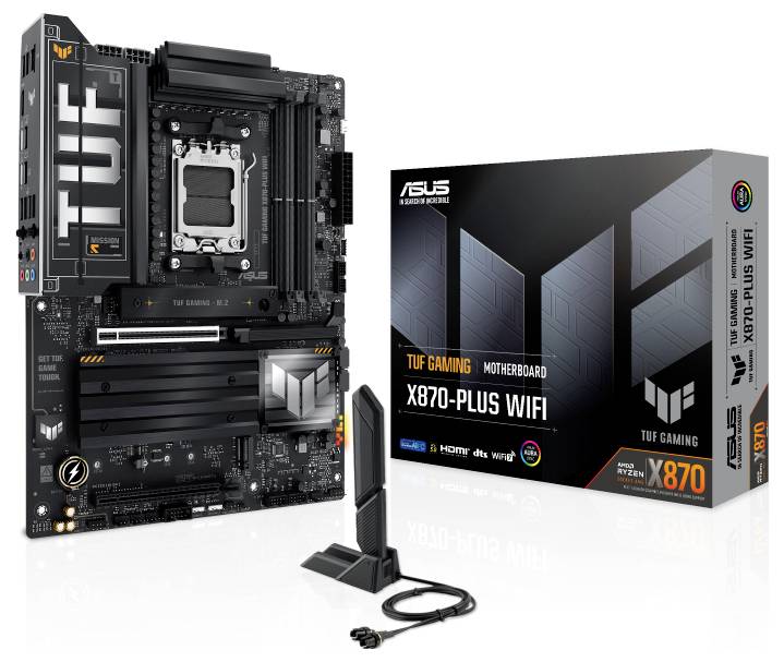 Carte mère 'TUF Gaming X670-Plus WIFI' à côté de son emballage et de son antenne. Adaptée aux PC, avec un accent mis sur le gaming et la connectivité.