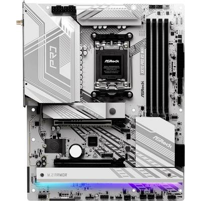 Une carte mère ASRock, modèle Z790 Pro RS WiFi, en gris et blanc. Elle présente différents ports et composants.