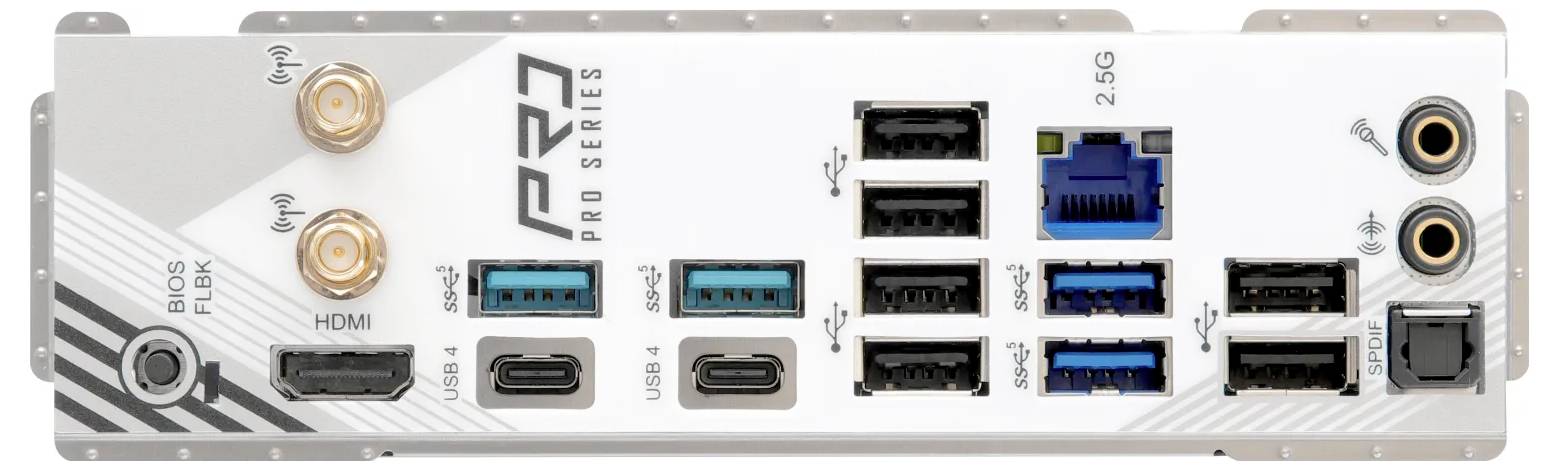 Verso d'une carte mère de la série Pro avec diverses possibilités de connexion : USB, Ethernet, HDMI, ports audio et connecteurs d'antenne.