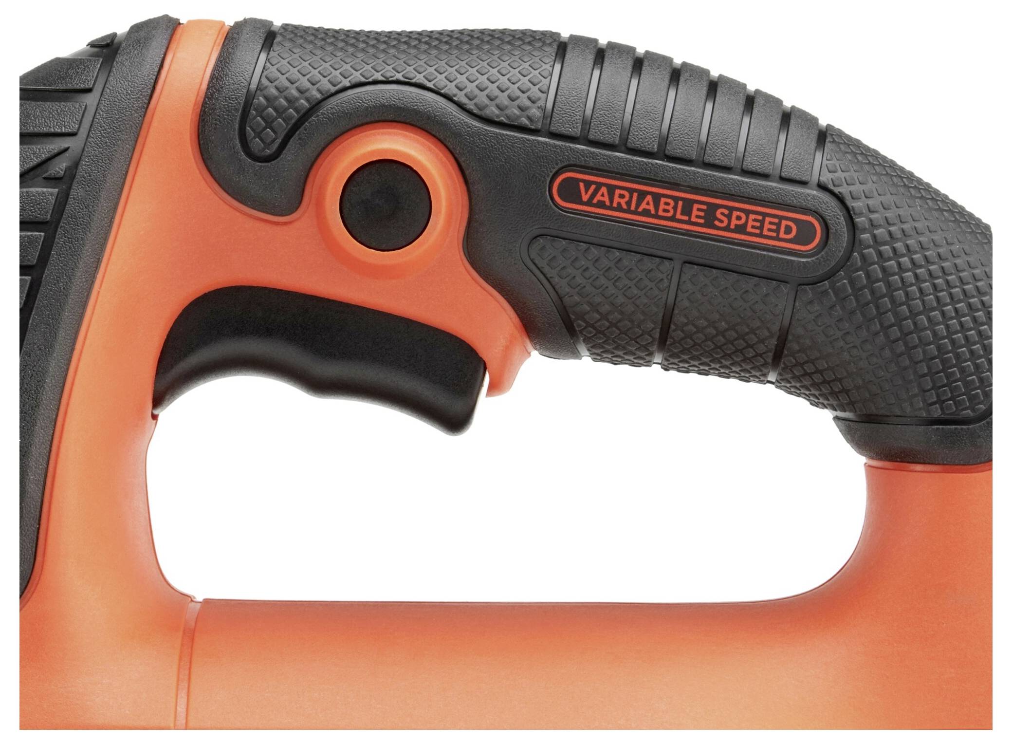 Gros plan d'un outil noir et orange avec une poignée ergonomique et portant la mention « Vitesse variable ».