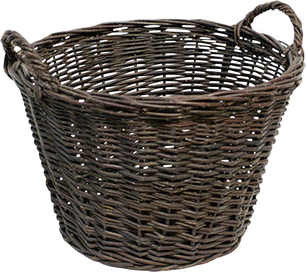 Un panier vide, rond, en osier tressé brun, muni de deux anses.