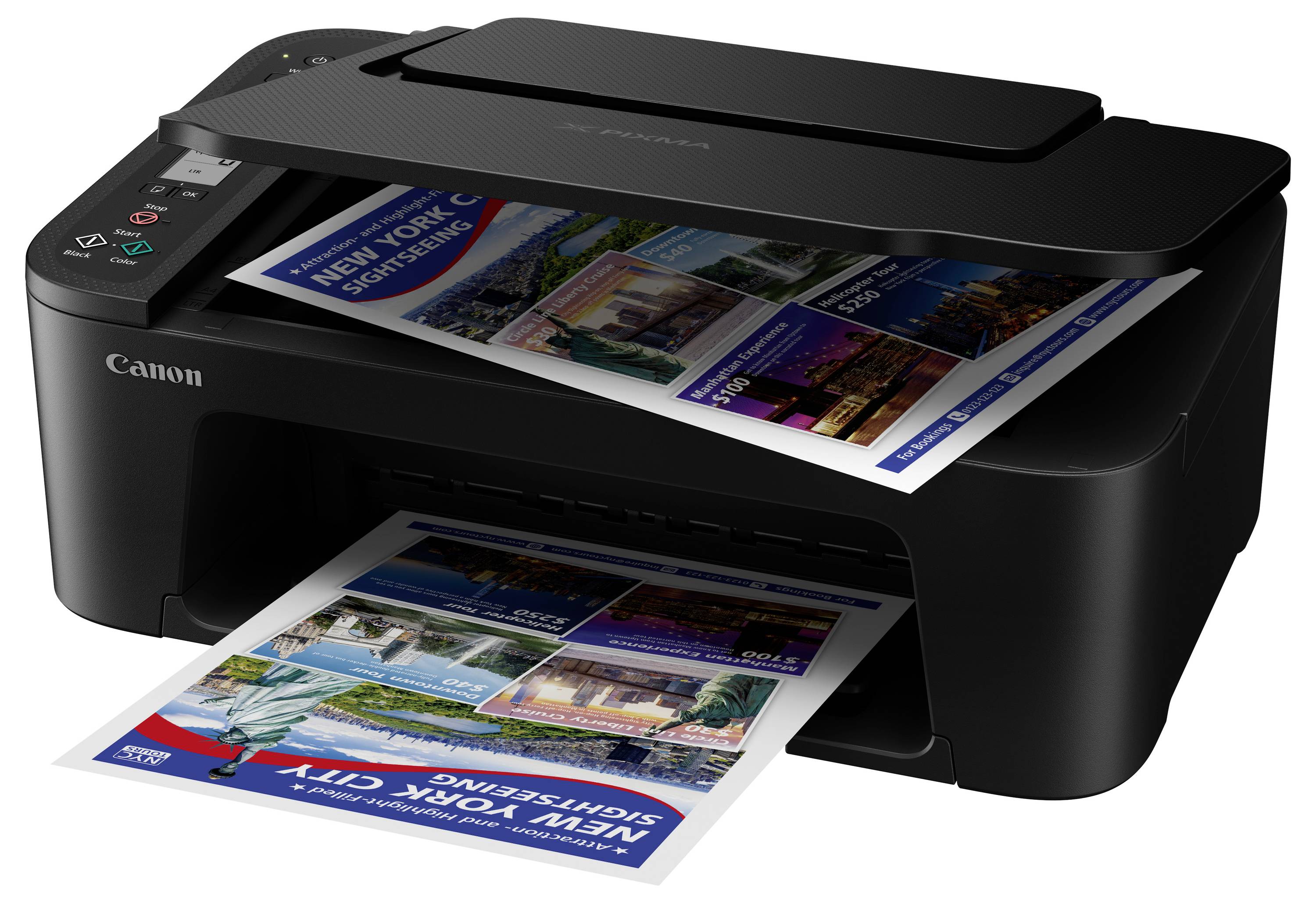 Une imprimante Canon noire est posée sur une table et imprime une feuille couleur contenant des informations de voyage et des images de sites touristiques.