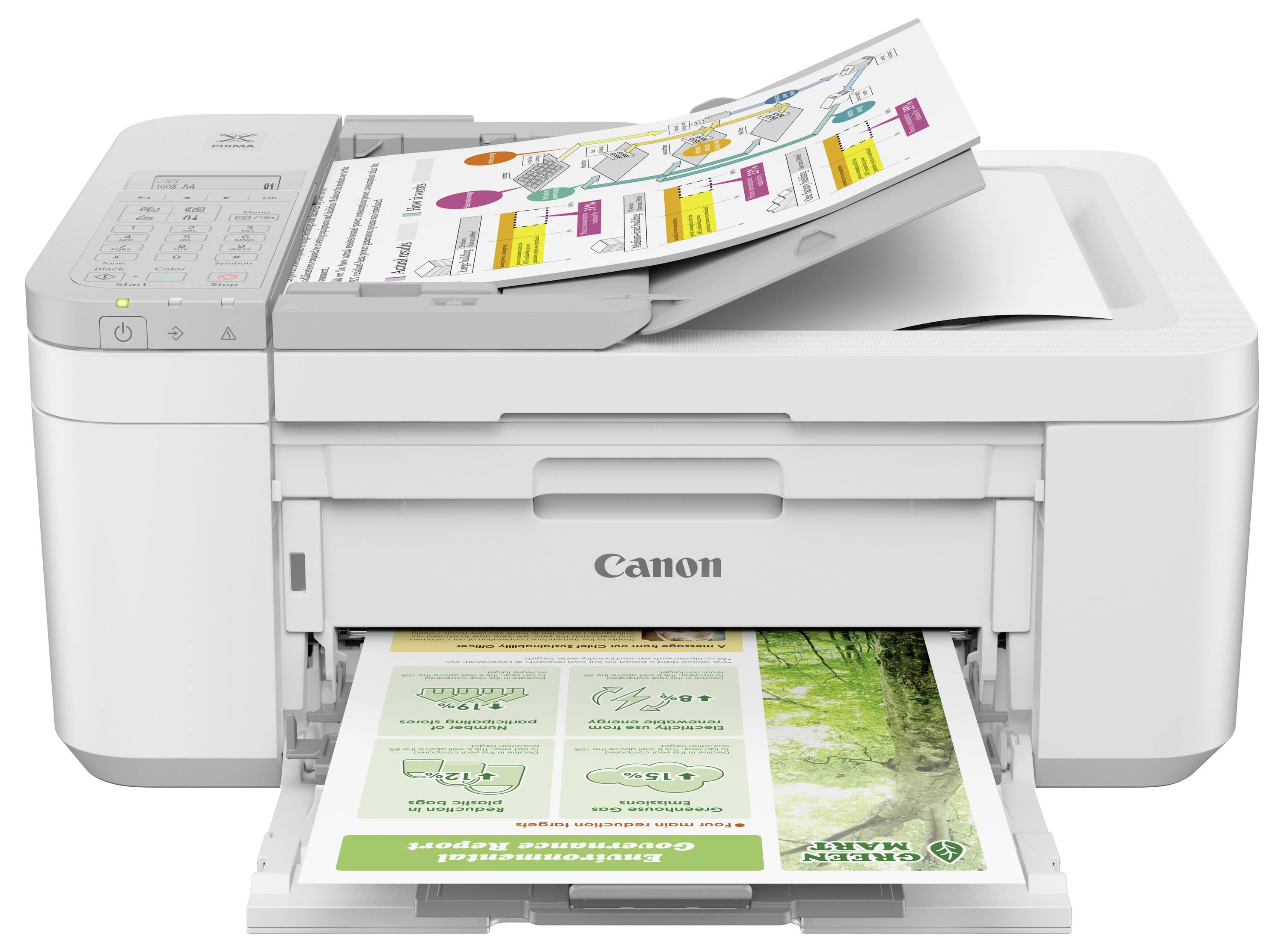 L'imprimante imprime un document multicolore. L'appareil dispose d'un panneau de commande simple et d'un chargeur automatique de documents.