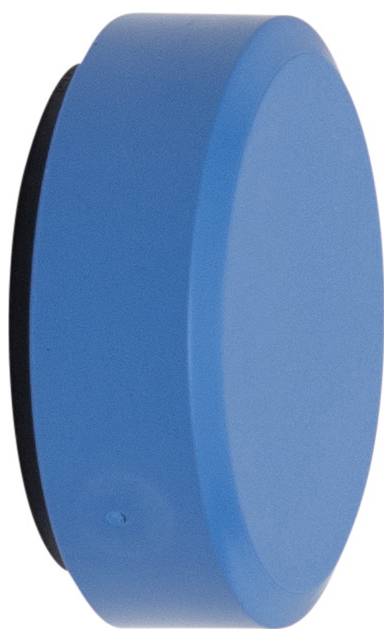 Un objet bleu et rond, ressemblant à un palet, vu de profil depuis la gauche.