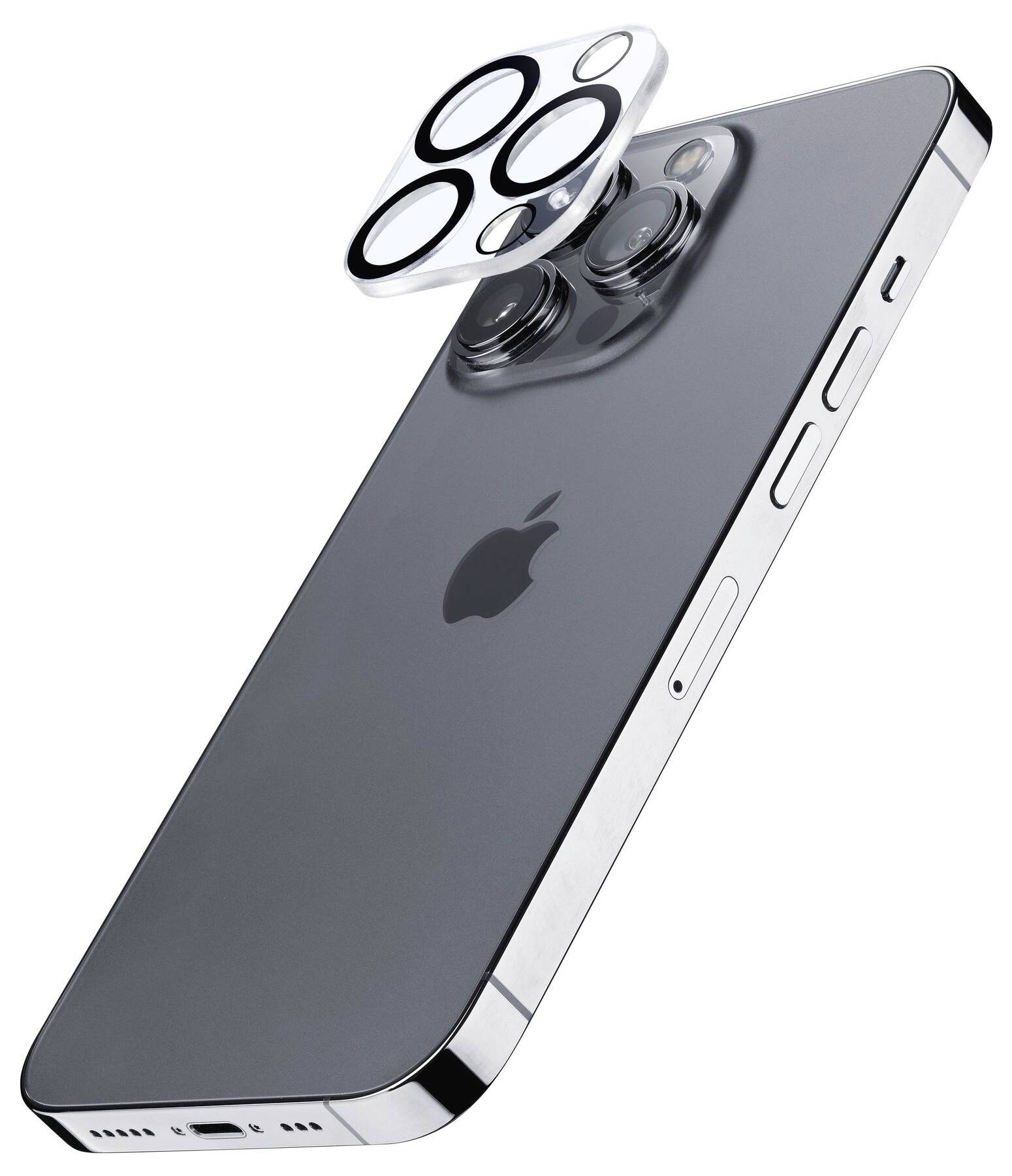 Un smartphone avec son cache d'objectif retiré, montrant les quatre objectifs de la caméra et le logo Apple au dos.