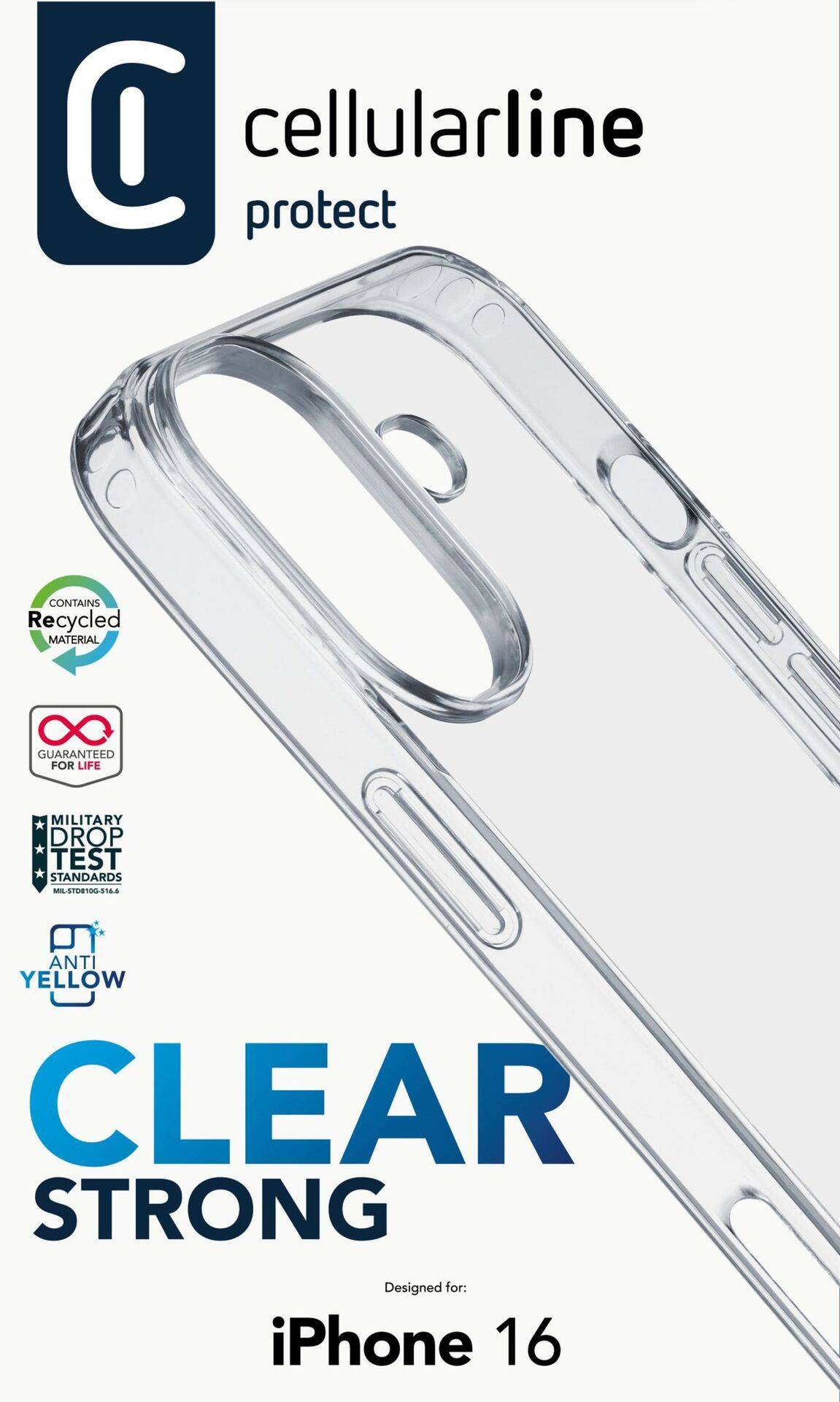 Coque de téléphone transparente de Cellularline pour iPhone 16, transparente, antichoc, recyclable, protection contre le jaunissement.