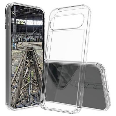 Un étui de smartphone transparent mettant en valeur un téléphone avec une image d'un bâtiment industriel abandonné et recouvert de graffitis. L'intérieur révèle des voies envahies par la végétation.