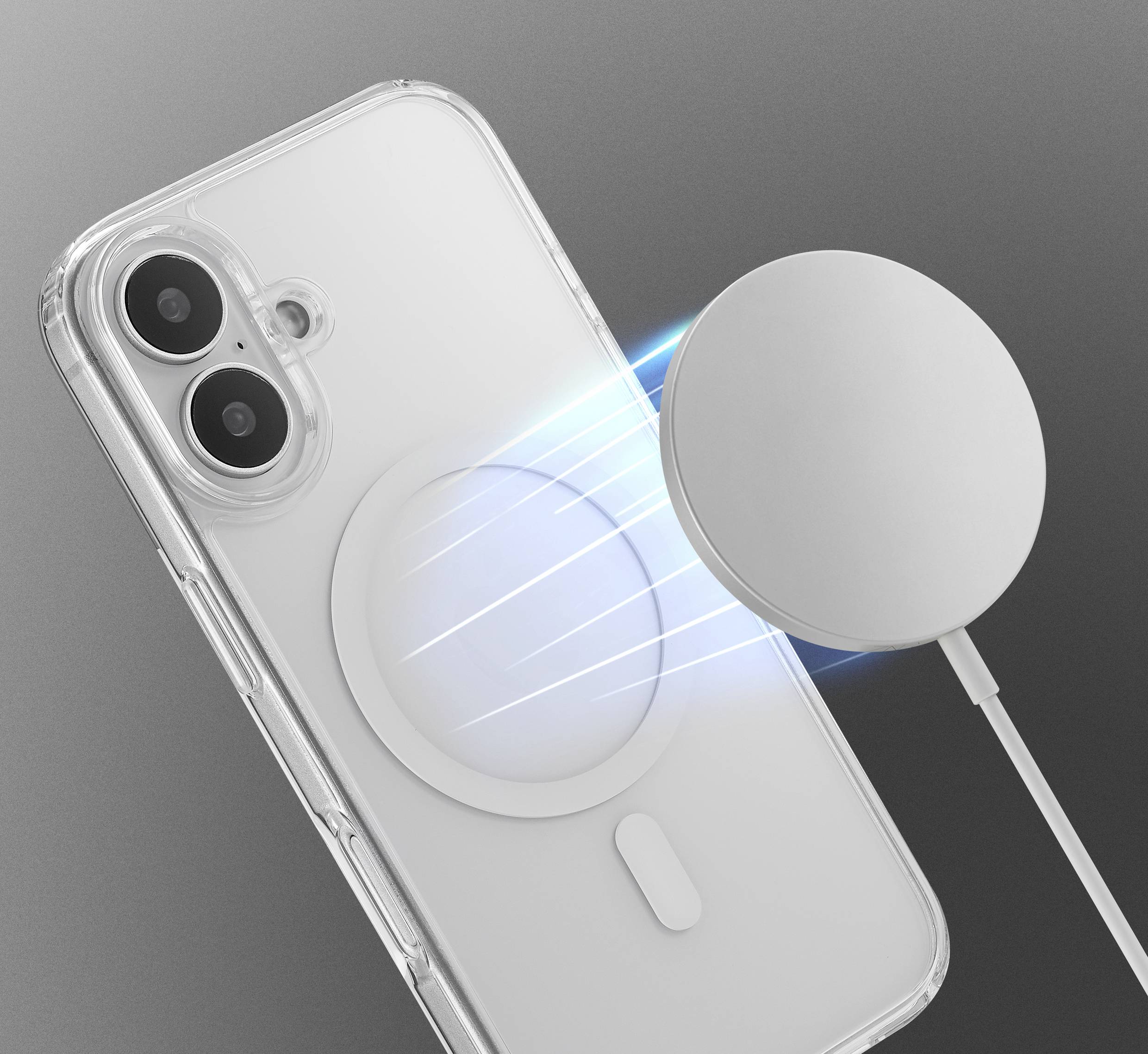 Smartphone avec boîtier transparent se chargeant sans fil sur un chargeur rond sur un fond gris.