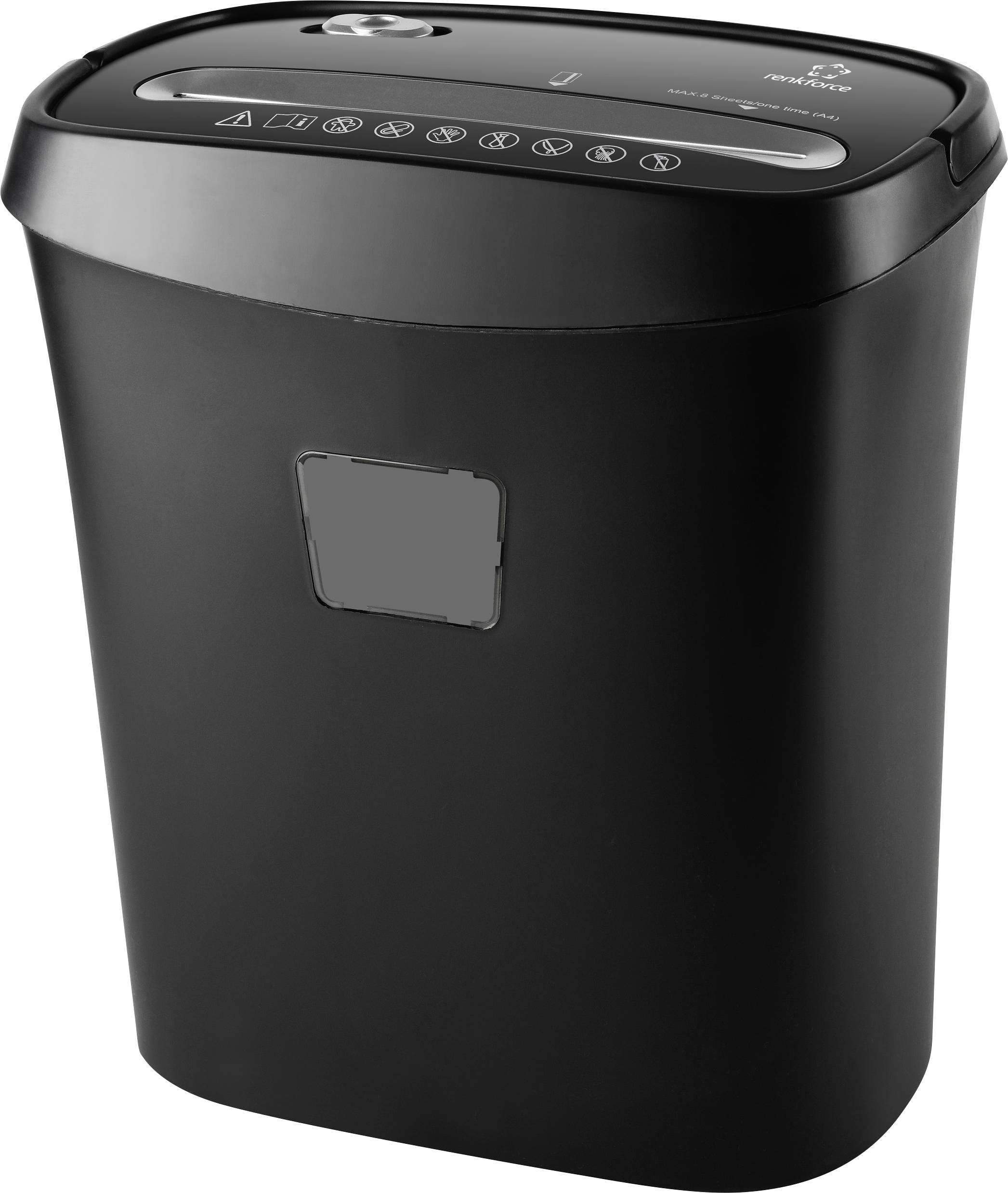 Destructeur de documents électrique à boîtier noir, avec panneau de commande en haut comprenant des symboles et des touches. Adapté pour déchiqueter des documents papier.