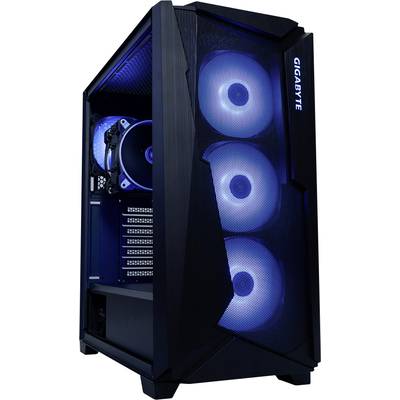 Boîtier PC noir avec un panneau avant transparent, illuminé par des ventilateurs LED bleus. Logo 'GIGABYTE' vertical sur le côté.