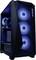Boîtier PC noir avec un panneau avant transparent, illuminé par des ventilateurs LED bleus. Logo 'GIGABYTE' vertical sur le côté.