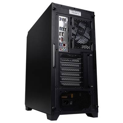 Un boîtier d'ordinateur vu de dos avec des ports et des ventilateurs visibles.