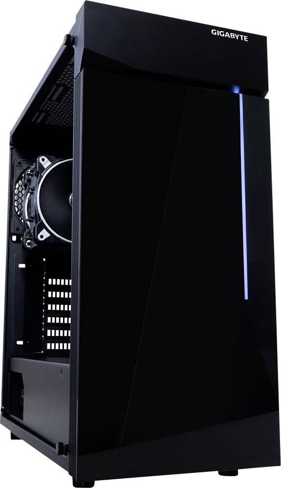 Boîtier d'ordinateur noir de Gigabyte avec panneau latéral ouvert, montrant les ventilateurs et la structure interne. Idéal pour les passionnés de montage PC.