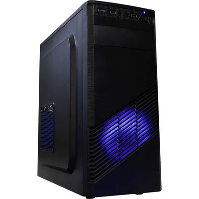 Boîtier d'ordinateur noir avec éclairage LED bleu lumineux, plusieurs ports USB et fentes de ventilation.