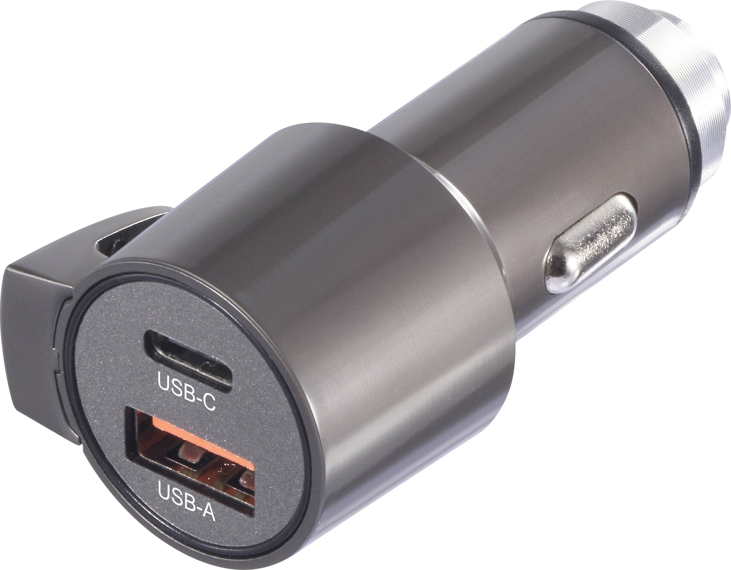 Un chargeur de voiture avec ports USB-C et USB-A, adapté pour charger des appareils électroniques pendant le trajet.