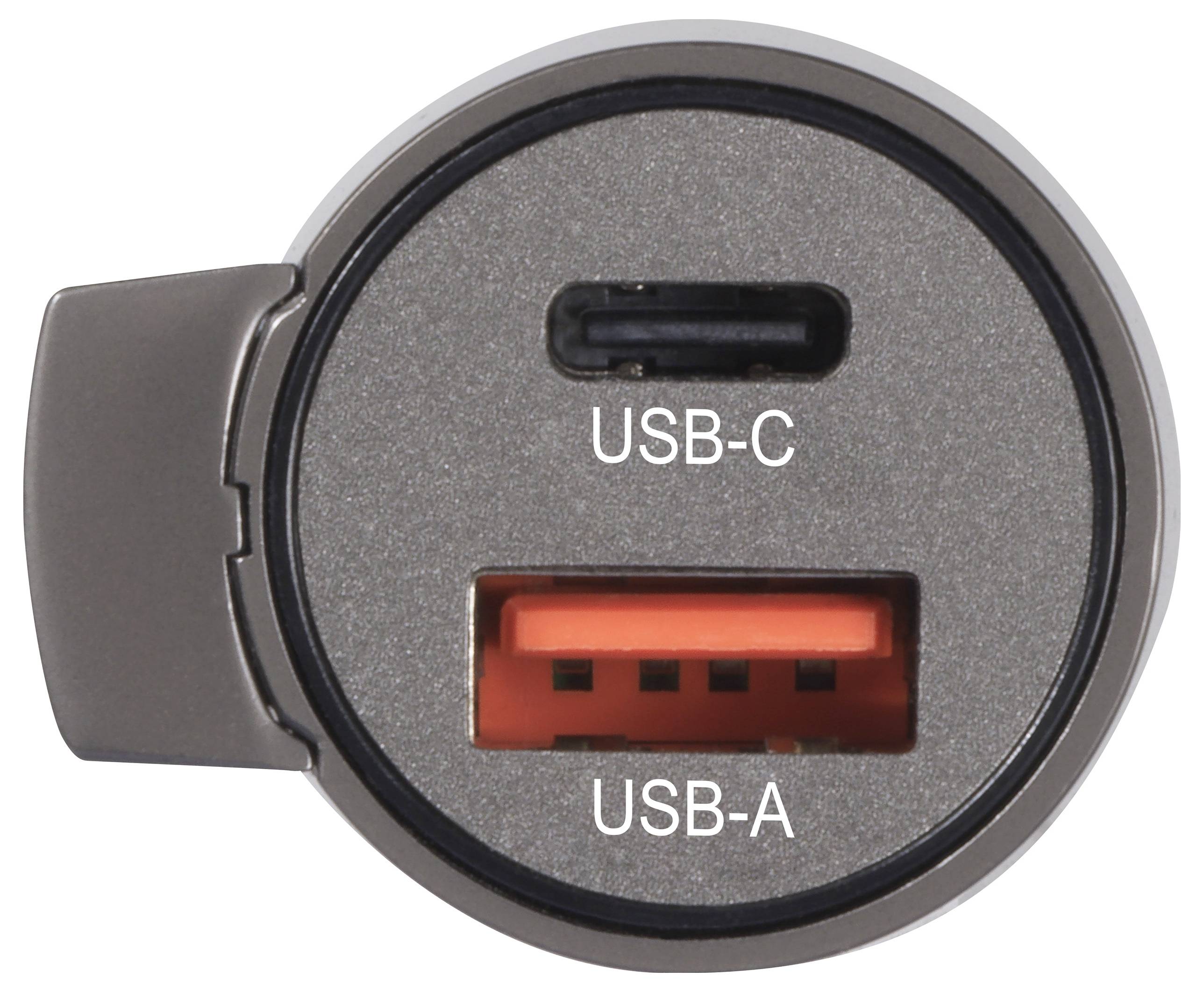 Un chargeur avec deux ports : un port USB-C en haut et un port USB-A en bas.
