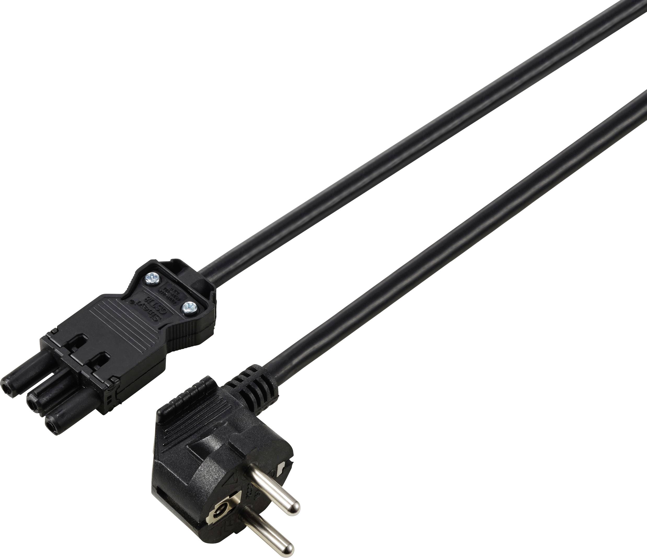 Un câble réseau noir avec une fiche Schuko et une connectique C5 en trèfle, adapté aux ordinateurs portables et appareils similaires.